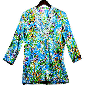 Lilly Pulitzer Sarasota Sea Soiree Beaded Tunic 3/4 Sleeve Cotton Blouse Size Sm